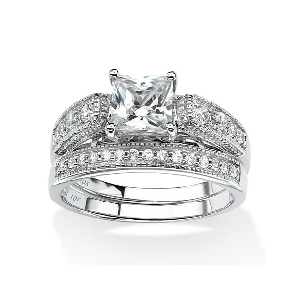 Ladies 10K White Gold Fn Princess Cut Diamond Engagement Wedding Bridal Ring Set 